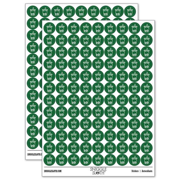 Kawaii Cute Boba Bubble Milk Tea Face 200+ Round Stickers - Dark Green - Matte Finish - 0.50" Size