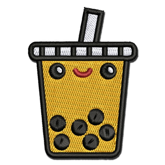 Kawaii Cute Boba Bubble Milk Tea Face Applique Multi-Color Embroidered Iron-On Patch - 2.0 Inch Mini