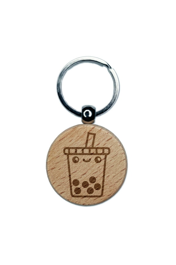 Kawaii Cute Boba Bubble Milk Tea Face Round Keychain Charm Tag - Engraved Wood