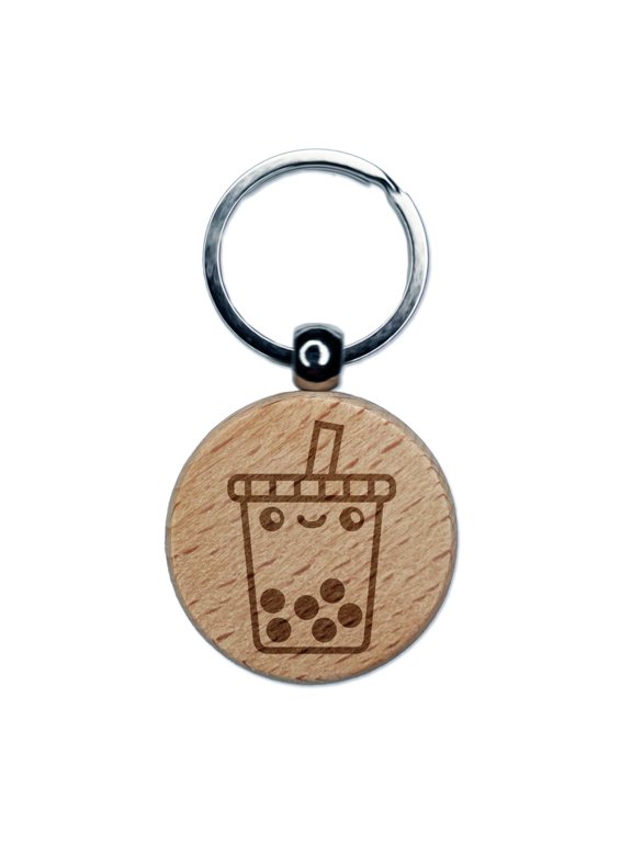 Kawaii Cute Boba Bubble Milk Tea Face Round Keychain Charm Tag - Engraved Wood