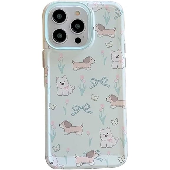 Kawaii Cute Cartoon Dog Flowers Bow Butterfly Phone Case Compatible with iPhone Case (Blue,iPhone 13 Pro Max)