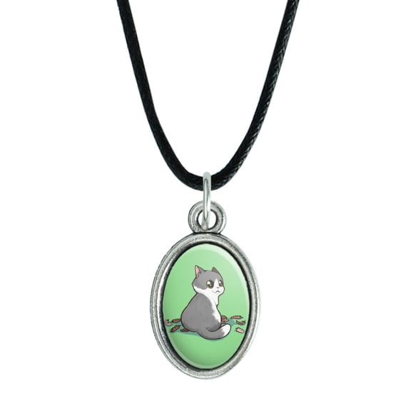 Kawaii Cute Cat with Bird Feathers Antiqued Oval Charm Pendant with Black Satin Cord