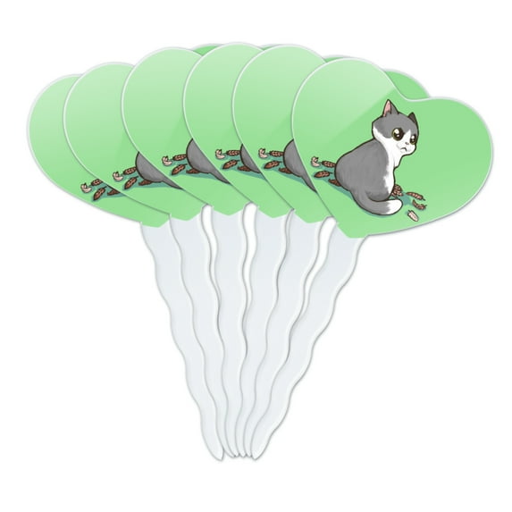 Kawaii Cute Cat with Bird Feathers Heart Love Cupcake Picks Toppers Decoration Set of 6