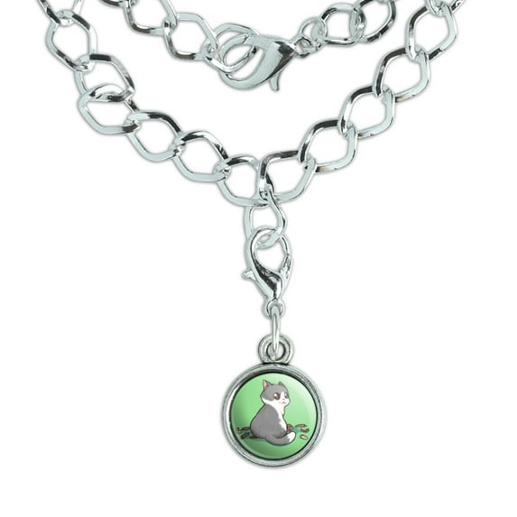 Kawaii Cute Cat with Bird Feathers Silver Plated Bracelet with Antiqued Charm