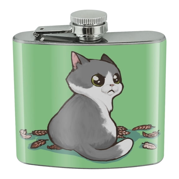 Kawaii Cute Cat with Bird Feathers Stainless Steel 5oz Hip Drink Kidney Flask