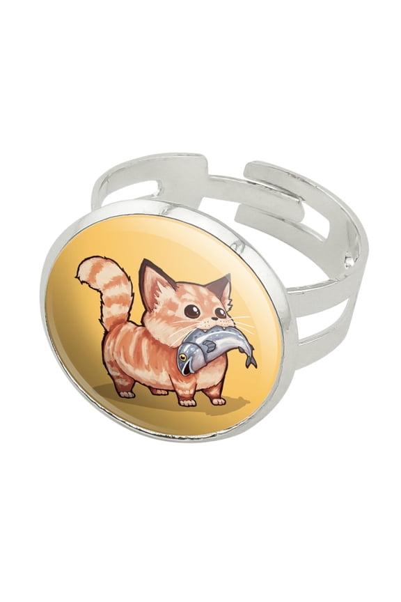 Kawaii Cute Cat with Fish in Mouth Silver Plated Adjustable Novelty Ring
