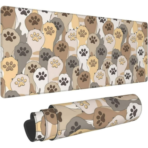 Kawaii Cute Cats Footprint Extended Gaming Mouse Pad Large Desk Mat with Non-Slip Rubber Base and Stitched Edges,Keyboard Mouse Mat Desk Pad for Work,Game,Office,Home 35.4 * 15.7 Inch