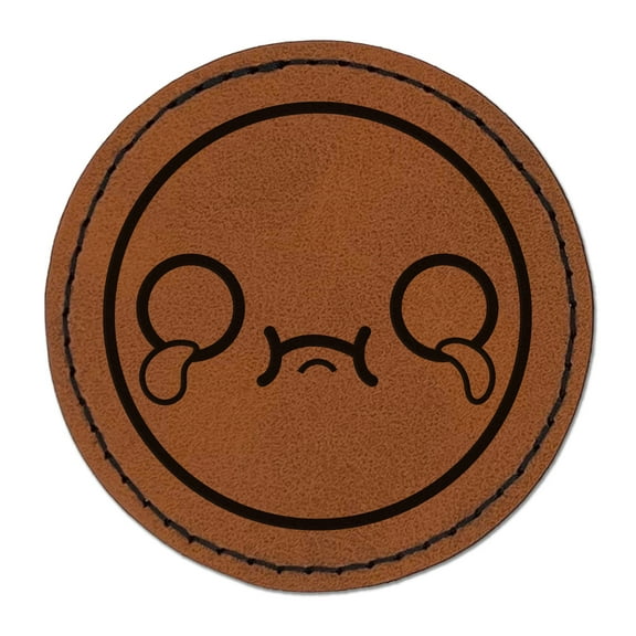 Kawaii Cute Crying Face 2.5" Faux Leather Round Engraved Iron-On Patch - Brown