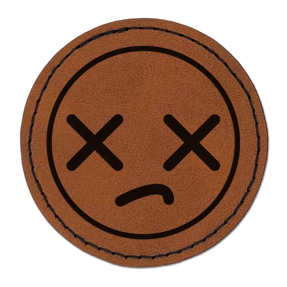Kawaii Cute Dead X Eyes Face 2.5" Faux Leather Round Engraved Iron-On Patch - Brown