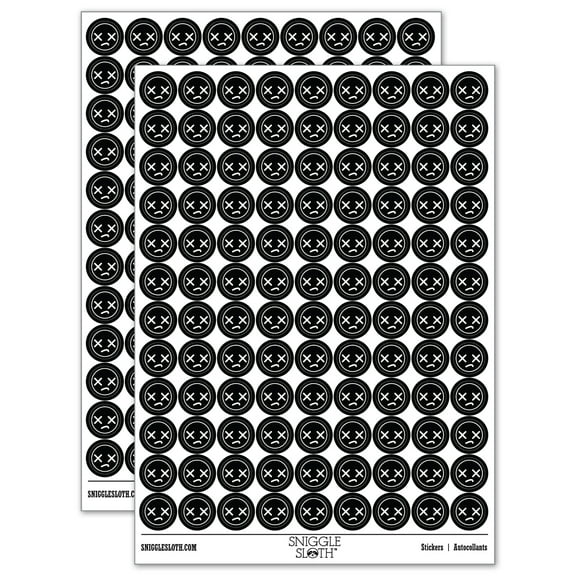 Kawaii Cute Dead X Eyes Face 200+ Round Stickers - Black - Gloss Finish - 0.50" Size