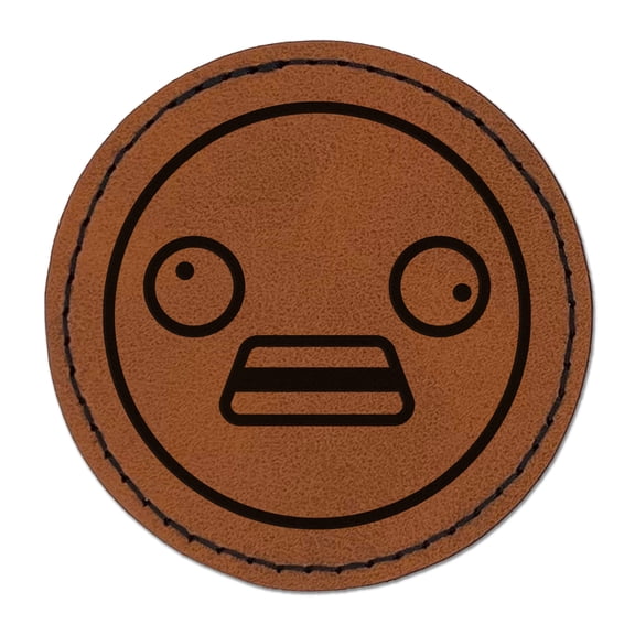 Kawaii Cute Derpy Crazy Face 2.5" Faux Leather Round Engraved Iron-On Patch - Brown
