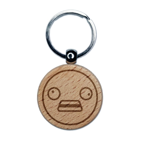 Kawaii Cute Derpy Crazy Face Round Keychain Charm Tag - Engraved Wood