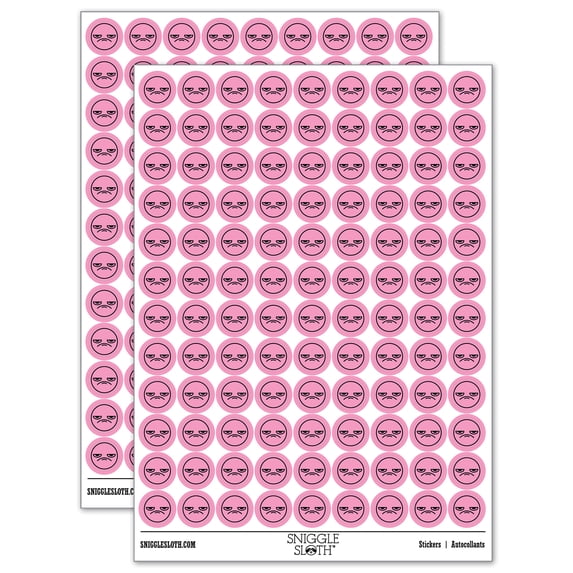 Kawaii Cute Grumpy Meh Face 200+ Round Stickers - Light Pink - Gloss Finish - 0.50" Size