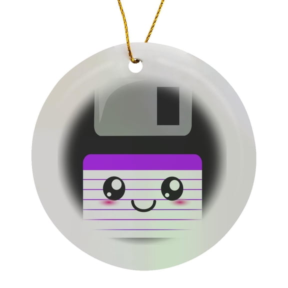 3drose, Kawaii Cute Happy Floppy Disk - Old School Computer - Japanese Anime Smiling Cartoon in Purple, Circle Porcelain Ornament