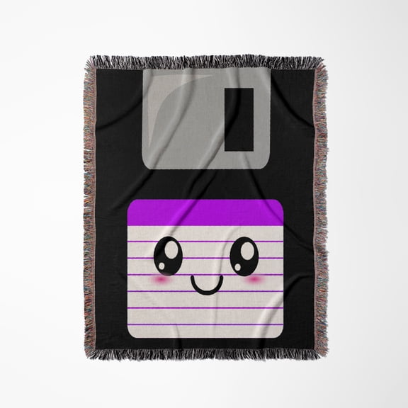 Kawaii Cute Happy Floppy Disk - Old School Computer - Japanese Anime Smiling Cartoon In Purple, Woven Blanket