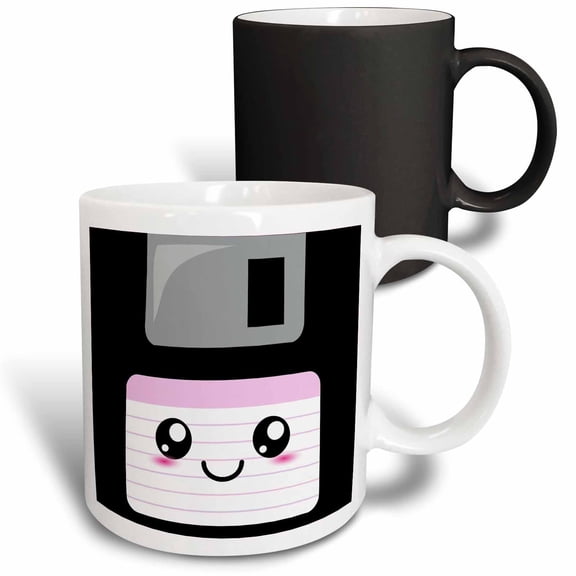 3drose, Kawaii Cute Happy Floppy Disk - Retro Computer Nerd - Japanese Anime Smiling Cartoon with Pink Label, 11oz Magic Transforming Mug