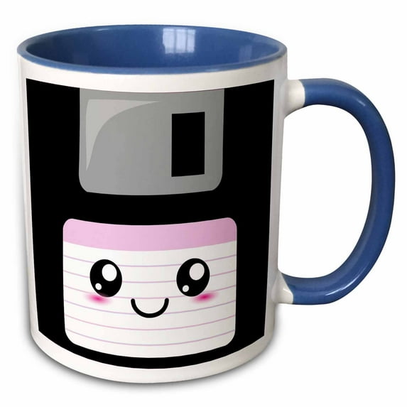3drose, Kawaii Cute Happy Floppy Disk - Retro Computer Nerd - Japanese Anime Smiling Cartoon with Pink Label, 11oz Two-tone Blue Mug