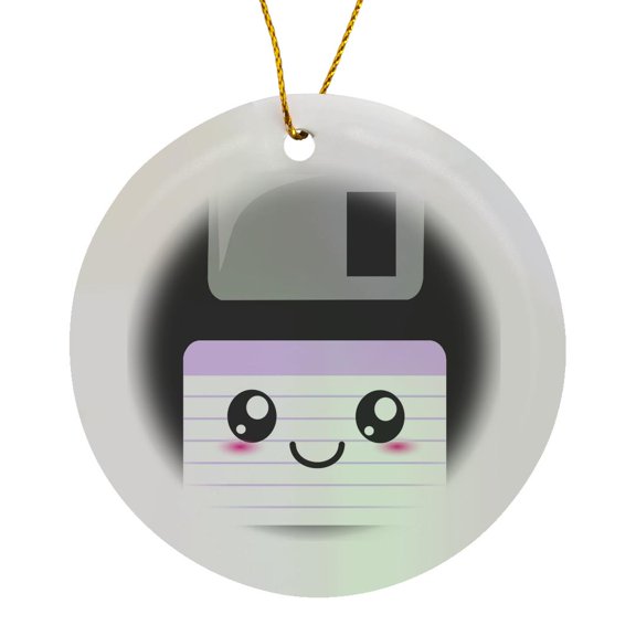 3drose, Kawaii Cute Happy Floppy Disk - Retro Computers - Japanese Anime Cartoon with Lilac Purple Label, Circle Porcelain Ornament