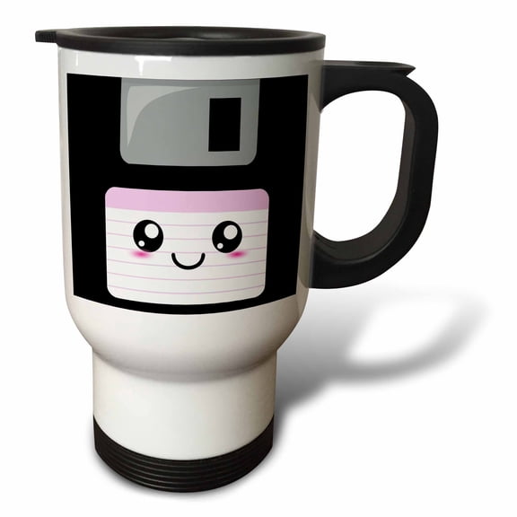 3drose, Kawaii Cute Happy Floppy Disk - Retro Computer Nerd - Japanese Anime Smiling Cartoon with Pink Label, 14oz Stainless Steel Travel Mug