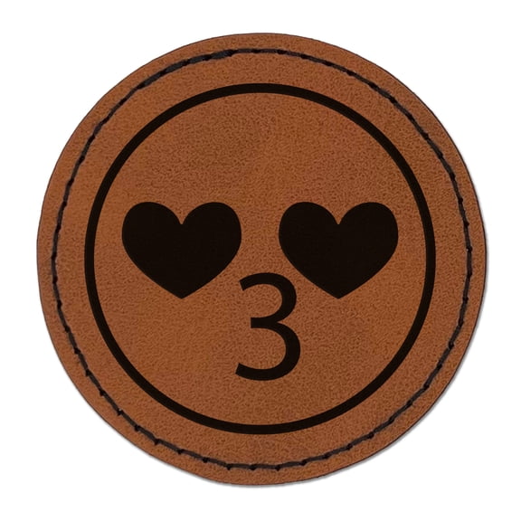 Kawaii Cute Heart Eyes Kissy Face 2.5" Faux Leather Round Engraved Iron-On Patch - Brown