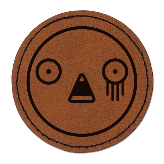 Kawaii Cute Horrified Scared Face 2.5" Faux Leather Round Engraved Iron-On Patch - Brown
