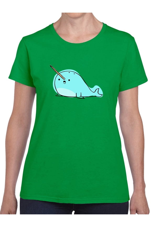 Kawaii Cute Narwhal Unicorn Sea Graphic Women Kelly Green T-Shirt, Female x-Large