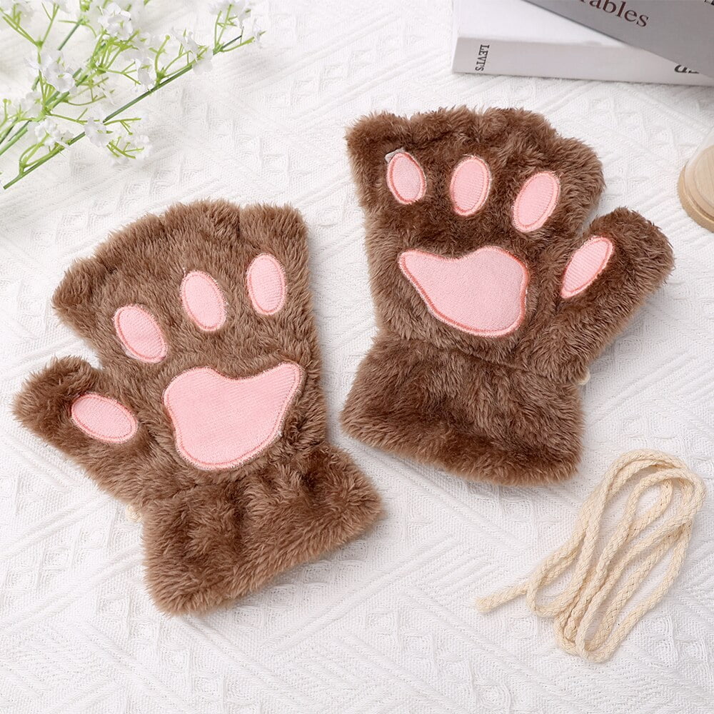 Kawaii Cute Plush Cat Claw Paw Gloves For Girl Novelty Hand Warmer Flip Half  Finger Gloves Winter Fingerless Bear Cat Gloves 