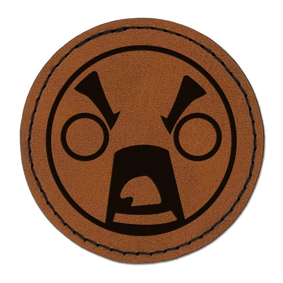 Kawaii Cute Shocked Face 2.5" Faux Leather Round Engraved Iron-On Patch - Brown