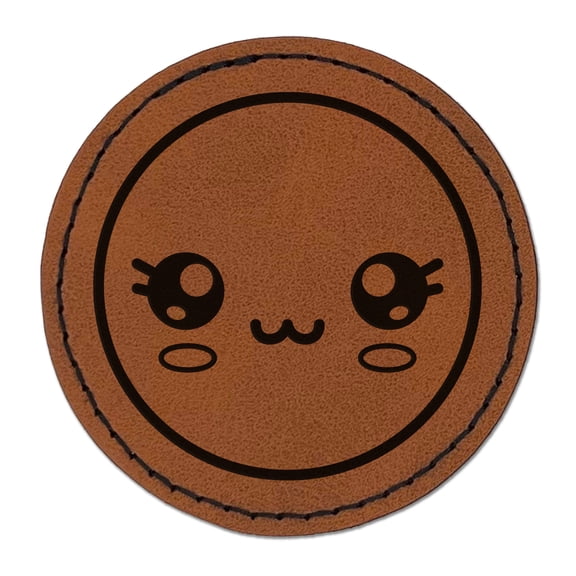 Kawaii Cute Sparkly Eyes Face 2.5" Faux Leather Round Engraved Iron-On Patch - Brown