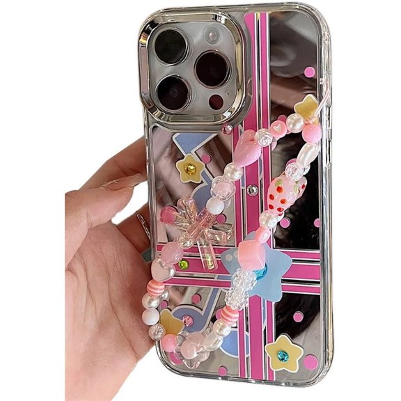 Kawaii Cute Stars Musical Note Pink Point Plating Mirror Lanyard Chain Phone Case Compatible with iPhone Case (Silver,iPhone 13 Pro Max)