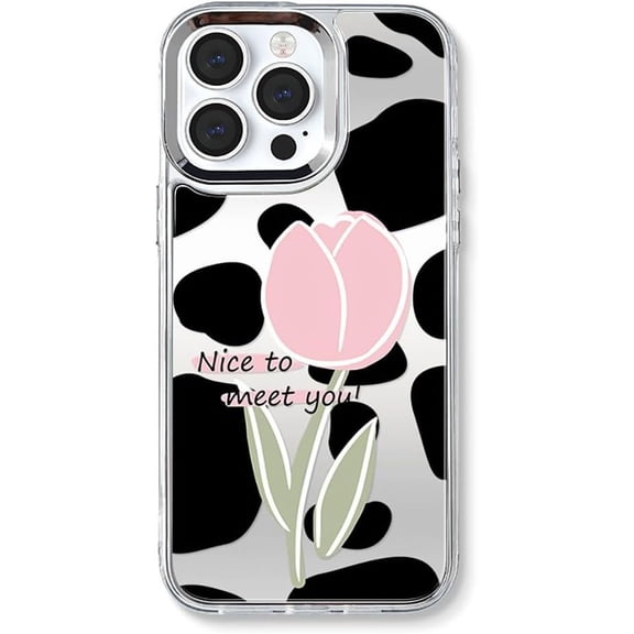 Kawaii Cute Tulip Flower Cow Print Plating Mirror Lanyard Chain Phone Case Compatible with iPhone Case (Silver,iPhone 14)