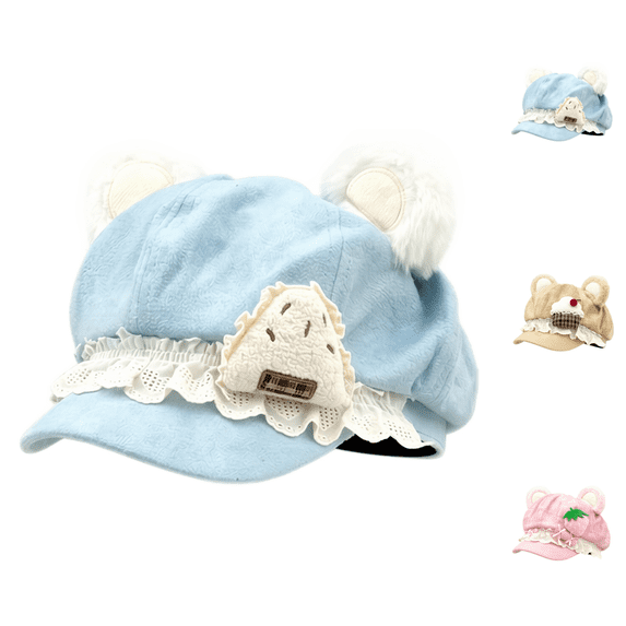 Kawaii Cutecore Y2K Bear Ears Plush Octagonal Beret Hat, 3 Styles Hats for Women,Sweet Lolita Newsboy Cap,Polyester Suede‑Like Material,Lace Ruffle Detail,2000S Clothes Accessories-Blue