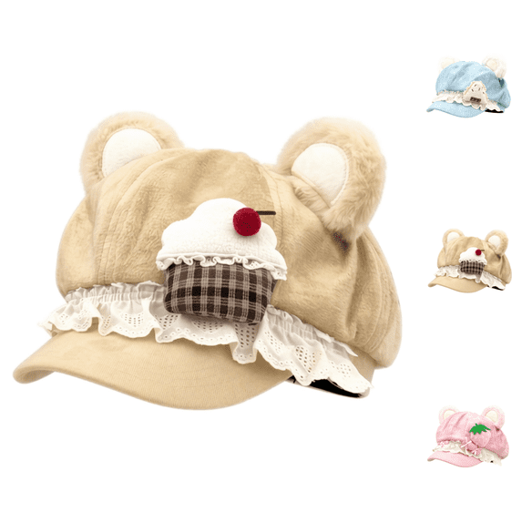 Kawaii Cutecore Y2K Bear Ears Plush Octagonal Beret Hat, 3 Styles Hats for Women,Sweet Lolita Newsboy Cap,Polyester Suede‑Like Material,Lace Ruffle Detail,2000S Clothes Accessories-Khaki
