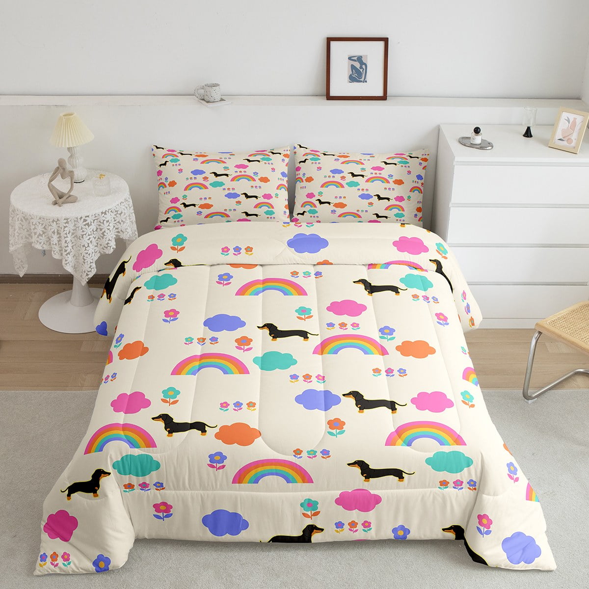 Kawaii Dachshund Comforter Set King for Kids Boys Girls Rainbow Bedding