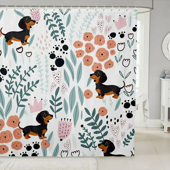 Kawaii Dachshund Shower Curtain Set,Cartoon Puppy Dog Bathroom Curtains,Cute Love Heart Leaf Flower Bathroom Decor,Paw Print Animal Fabric Shower Curtain 72"Wx72"L