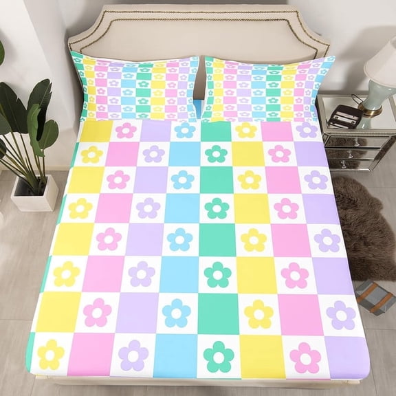 Kawaii Daisy Flowers Kids Fitted Sheet Full Size,Colorful Geometric Grids Checkerboard Bedding Set,Girls Women Room Decor,Cartoon Groovy Floral Bed Cover,Chic Bed Sheet,2 Pillowcases(No Flat Sheet)