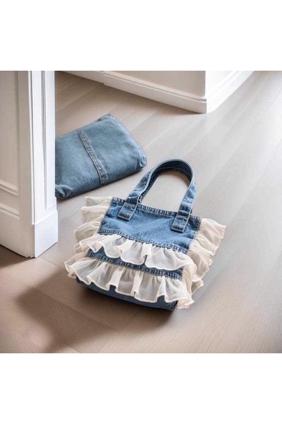 Kawaii Denim Tote Bag for Women, Double Layer Chiffon Ruffle Patchwork, Magnetic Snap Closure & Large Capacity, Shoulder Handheld Commuter Bag (11.0" x 11.4" x 2.8", 0.56 lb)
