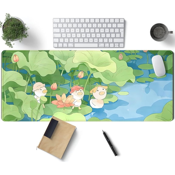 Kawaii Desk Mat Cute Mouse Pad Green Healing Design Cartoon Anime Duck Desk Pad Large Laptop Keyboard Mat Pad Computer Mouse Pads for Girl Desk Office Decor, 31.5x11.8 in Desktop Mousepad Deskmat
