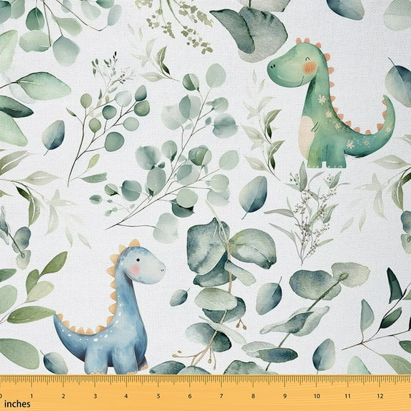 Kawaii Dinosaur Fabric by the Yard,Cartoon Animal Dino Upholstery Fabric for Kids Boys Girls,Eucalyptus Leaves Decorative Fabric,Jungle Wildlife Plants Indoor Outdoor Fabric,2 Yards