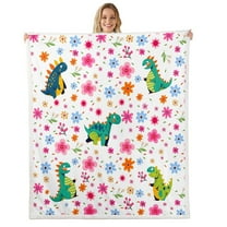 Kawaii Dinosaur Throw Blanket for Couch Girly Floral Fleece Blanket, Blue Pink Flower Sherpa Blanket Rainbow Blossoms Blanket, Woodland Animal Dino Bed Blanket
