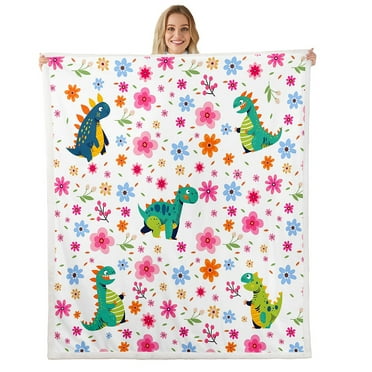 Kawaii Dinosaur Throw Blanket for Couch Girly Floral Fleece Blanket, Blue Pink Flower Sherpa Blanket Rainbow Blossoms Blanket, Woodland Animal Dino Bed Blanket