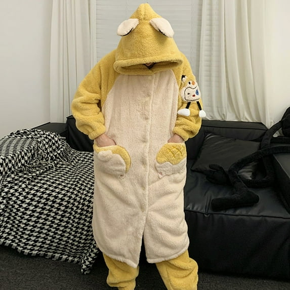 Kawaii Dinosaur Winter Thick Women Night-robe Pajamas Hooded Men Nightgown Sleepwear Soft Warm Couple Pijama Long Plush Loungewe (8934,Women-L)