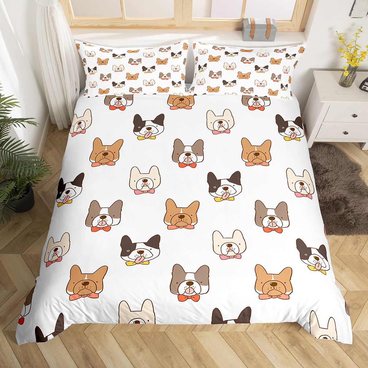 Kawaii Dog Comforter Cover Cute Lovely French Bulldog Twin Bedding Set