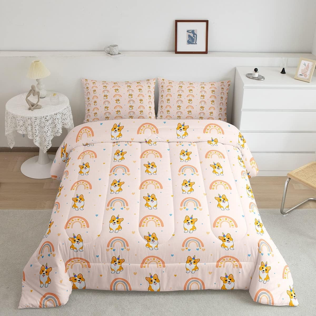 Kawaii Dog Comforter Set for Girls Cartoon Corgi Bedding Set King Size Girly Rainbow Duvet Insert Cute Dots Heart Quilted Comforter Funny Animal Unicorn Duvet Sets with 2 Pillowcases Lightweight Walma...