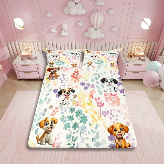 Kawaii Dog Full Bed&nbsp;Sheets Set,Cute Rainbow Flower Dog Bedding Set Pet Lover Gifts for Kids Girls Boys,Colorful Floral Leaf Sheets Cartoon Animal Fitted Sheet Set 4Pcs