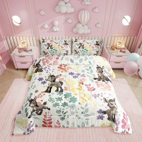 Kawaii Donkey Bedding Set King Size,Farmhouse Donkey Flower Comforter Set,Cute Watercolor Floral Quilt Bed Set Rustic Farm Animal Down Comforter with 2 Pillowcases