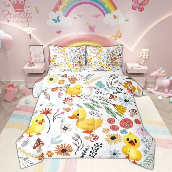 Kawaii Duck Bed in a Bag King Size Comforter Set 7 Pieces,Mushroom Floral Cartoon Animal Bedding Sets Watercolor Flowers Leaves Sheet Set with Comforter