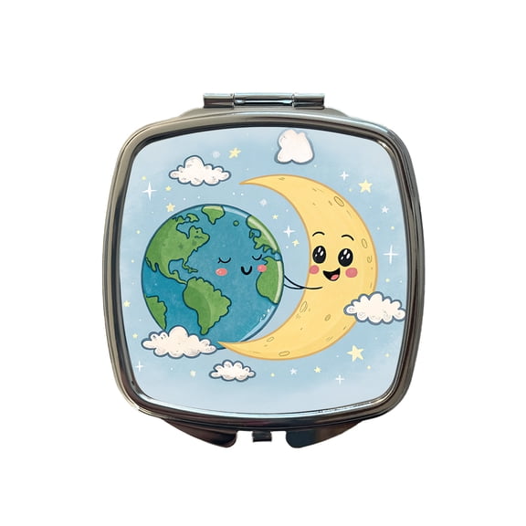 Kawaii Earth And Crescent Moon Travel Makeup Handbag Purse Small Pocket Compact Mirror