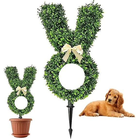 Kawaii Easter Bunny Artificial Topiary - Beige Bow & Round Cutout, Stake & Potted Faux Greenery for Easter Indoor & Outdoor Home & Garden Decor