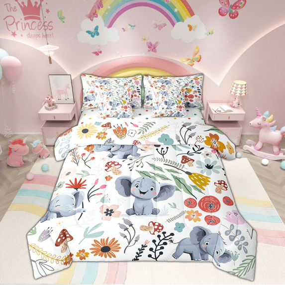 Kawaii Elephant Bed in a Bag King Size Comforter Set 7 Pieces,Mushroom Floral Cartoon Animal Bedding Sets Watercolor Flowers Leaves Sheet Set with Comforter